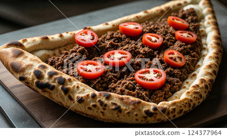Delicious pide with ground meat and tomatoes baking on wooden board 124377964
