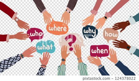 Multicultural people arms holding in hand question marks with Who-what-where-when-why-how text.Investigate and solve questions. Problem solving - Brainstorming. Transparent background Multicultural people arms holding in hand question marks with Who-what-where-when-why-how text.Investigate and solve questions. Problem solving - Brainstorming. Transparent background 124378022