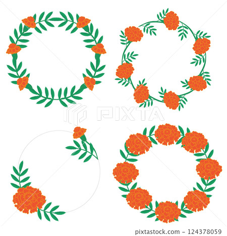 Set of wreaths of orange marigolds. Calendula flowers. Vector illustration isolated on white background. Set of wreaths of orange marigolds. Calendula flowers. Vector illustration isolated on white background. 124378059
