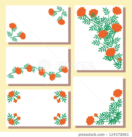 Set of postcards from orange marigolds. Calendula flowers. Vector illustration isolated on white background. 124378061