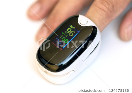 Pulse Oximeter Reading: An up-close shot reveals a finger with a pulse oximeter. 124378186