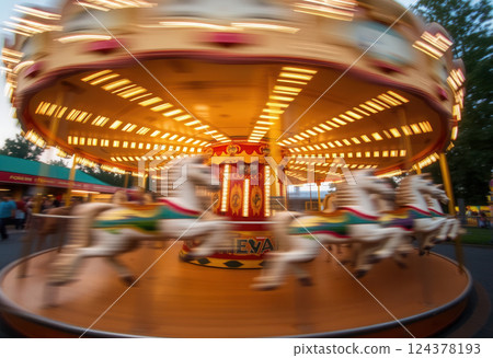 Children's carousel in motion. Blurred image of amusement park 124378193