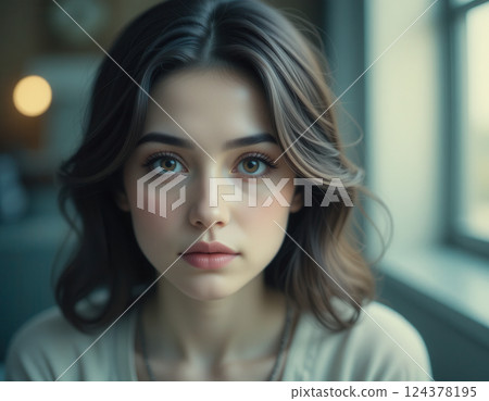A portrait of a beautiful girl looking at a camera in the living room of a house 124378195