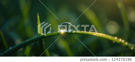 Dew drops on the blade of grass in the morning light Dew drops on the blade of grass in the morning light 124378196