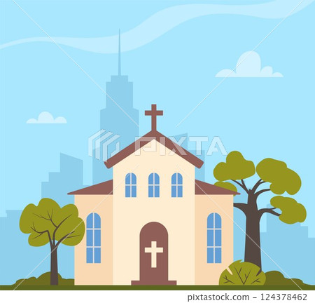 Church building and park with cityscape and sky background. Old church building exterior. Christian religious architecture facade, front view. European cathedral. Vector illustration. Church building and park with cityscape and sky background. Old church building exterior. Christian religious architecture facade, front view. European cathedral. Vector illustration. 124378462