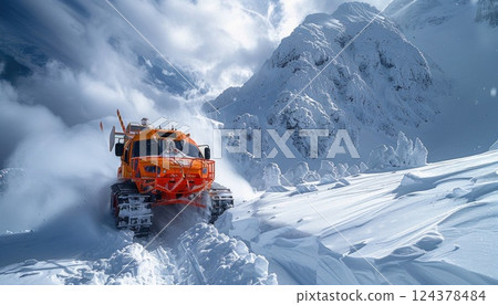Snow plow descends snowy mountain slope, scenic landscape with clouds in sky 124378484