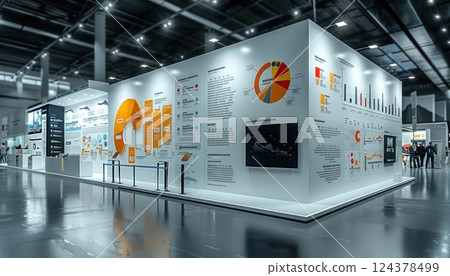Impressive exhibition stand showcasing multiple graphs on the walls 124378499