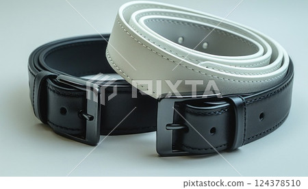 Two stacked belts, one black and one white, on table 124378510