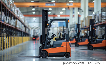 Row of forklifts parked in warehouse, with tires on asphalt flooring 124378519