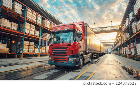 Red truck on asphalt road in warehouse with sky and cloud above Red truck on asphalt road in warehouse with sky and cloud above 124378522
