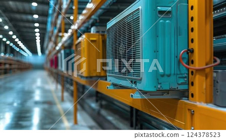 Various air conditioners stored on warehouse shelves Various air conditioners stored on warehouse shelves 124378523
