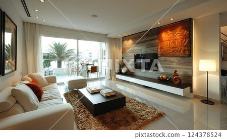 Living room with couch, coffee table, and television Living room with couch, coffee table, and television 124378524