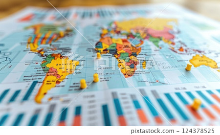 Close-up world map with pins, blue color, graphics Close-up world map with pins, blue color, graphics 124378525