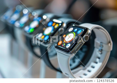 a row of wristwatches lined up in a store window 124378526