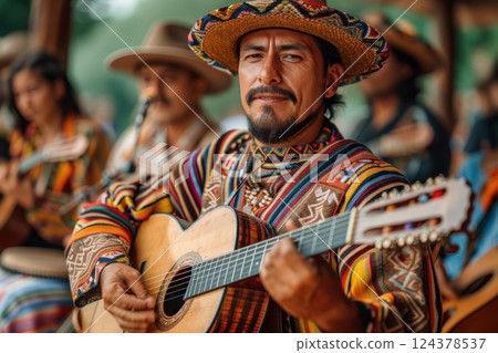 A musician in a sombrero is performing folk music on a guitar for a crowd A musician in a sombrero is performing folk music on a guitar for a crowd 124378537