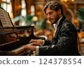 Jazz pianist in tuxedo plays keyboard in elegant room 124378554