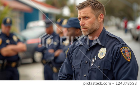 A male police officer looks through the lens at the background of his fellow officers 124378558