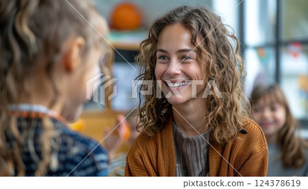 Curlyhaired woman smiling with two young girls, having a fun leisure event 124378619