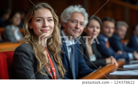 A row of whitecollar workers in suits, sharing smiles at a formal event 124378622