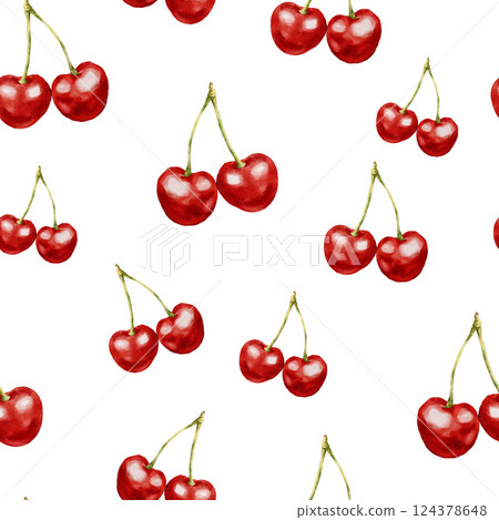Watercolor seamless pattern of fresh cherry. Hand-drawn ripe fruits isolated on white background. Tasty food illustration for design, print, fabric or background. Watercolor seamless pattern of fresh cherry. Hand-drawn ripe fruits isolated on white background. Tasty food illustration for design, print, fabric or background. 124378648