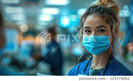 Female doctor with electric blue face mask in hospital 124378662