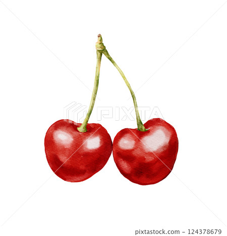 Watercolor card of fresh cherry. Hand-drawn ripe fruits isolated on white background. Tasty food illustration for design, print, fabric or background. Watercolor card of fresh cherry. Hand-drawn ripe fruits isolated on white background. Tasty food illustration for design, print, fabric or background. 124378679