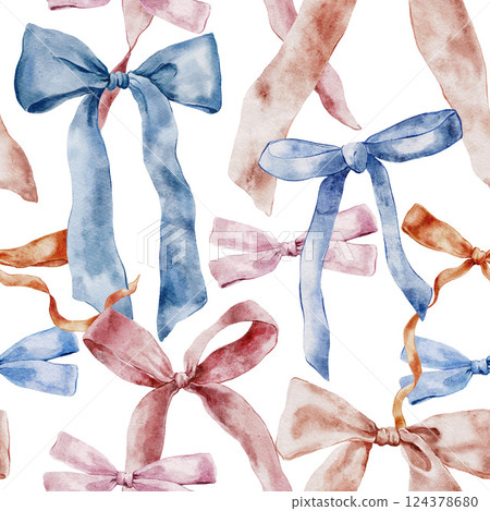 Watercolor red, pink and blue bows seamless pattern. Hand-drawn gift bow isolated on white background. Holiday illustration for design, print, fabric or background. 124378680