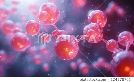 Closeup of red molecules on purple background resembling seedless grape cluster 124378705