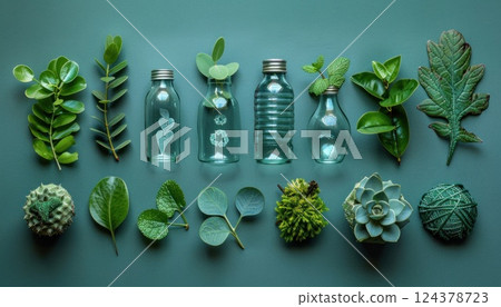 Various plants and leaves are stored in bottles on the tableware 124378723