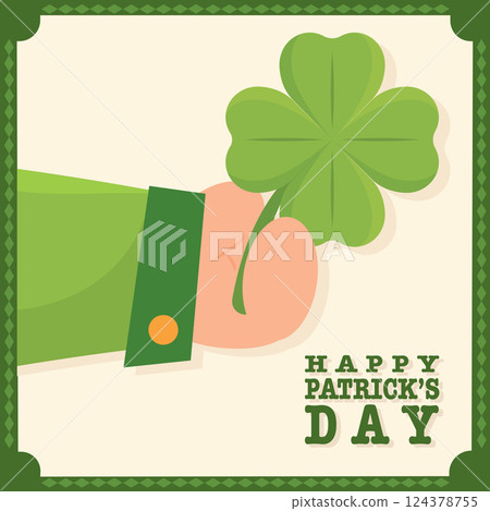 Hand holding a green shamrock leaf. Vector 124378755