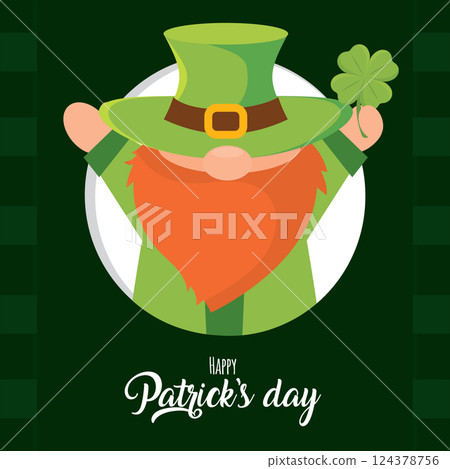 Happy leprechaun with clover in hand. Vector 124378756