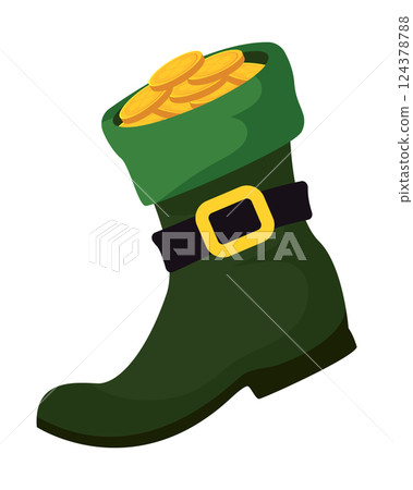 Green boot filled with golden coins. Vector 124378788