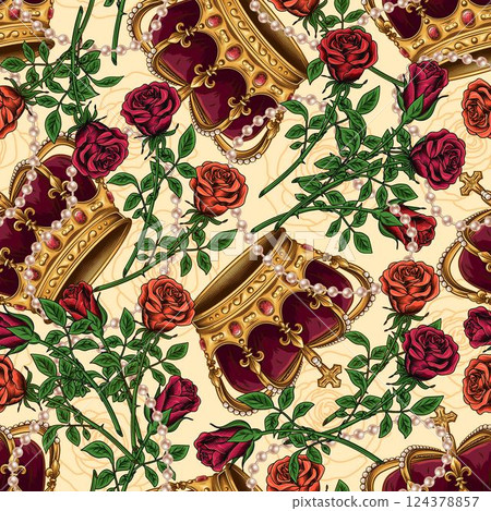 Seamless pattern with golden imperial crown, scattered jewelry, pearl necklaces, red roses with stem. Chaotic scattered objects on beige background. Luxury kitsch vintage style. Seamless pattern with golden imperial crown, scattered jewelry, pearl necklaces, red roses with stem. Chaotic scattered objects on beige background. Luxury kitsch vintage style. 124378857