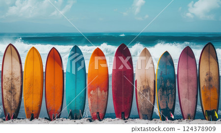 surfing, a row of colorful surfboards, high sea wave, horizontal banner, beach summer background, copy space, free space for text 124378909