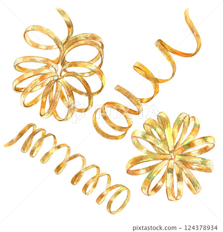 Gold vibrant collection of curls, bows, ribbons, hand-painted in watercolor with gold paint accents. Isolate elements are presented for decorating and designing textiles, interior, wallpaper, prints Gold vibrant collection of curls, bows, ribbons, hand-painted in watercolor with gold paint accents. Isolate elements are presented for decorating and designing textiles, interior, wallpaper, prints 124378934