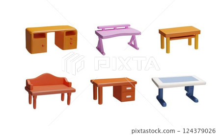 3d Vector graphics of various types of desks, including wooden, plastic, gaming tables, with drawers 124379026