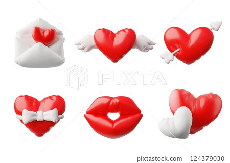 3d illustration of a set with the image of various red hearts, lips in an inflatable form. 124379030