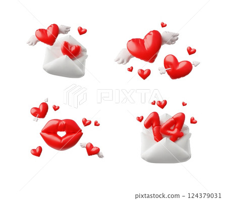 3D balloons icons in the shape of hearts with wings, arrows, lips, envelopes, number 14 3D balloons icons in the shape of hearts with wings, arrows, lips, envelopes, number 14 124379031