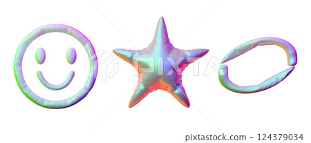 Realistic holographic smiley emoticon, star and ring from inflated balloon 3D cartoon plastic style vector icon volume Realistic holographic smiley emoticon, star and ring from inflated balloon 3D cartoon plastic style vector icon volume 124379034