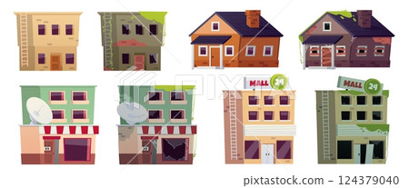 Vector illustration of a set with the image of abandoned houses, before and after renovation. 124379040