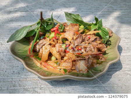 Stir-fried spicy Wild boar with Herbs and Fresh green peppercorns. Stir-fried spicy Wild boar with Herbs and Fresh green peppercorns. 124379075