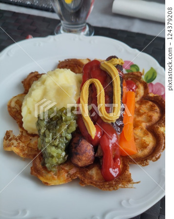 Waffle Speical or Mellerud Special Waffle Served on Plate, Close Up 124379208
