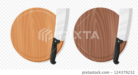 Wooden Cutting Board with Meat Cleaver, Vector Illustration. Kitchen Chopping Board for Food Preparation. Butcher Knife for Meat Cutting. Kitchenware for Cooking, Culinary Tool for Restaurants 124379232