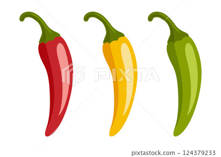 Chili Peppers Vector Set, Isolated. Red, Yellow, Green Hot Peppers, Spicy Food Ingredients, Mexican Cuisine, Fresh Organic Vegetables. Vector Illustration for Food Design Chili Peppers Vector Set, Isolated. Red, Yellow, Green Hot Peppers, Spicy Food Ingredients, Mexican Cuisine, Fresh Organic Vegetables. Vector Illustration for Food Design 124379233