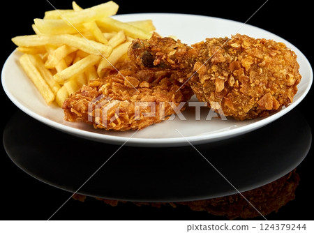 Crispy Fried Chicken and Golden French Fries 124379244