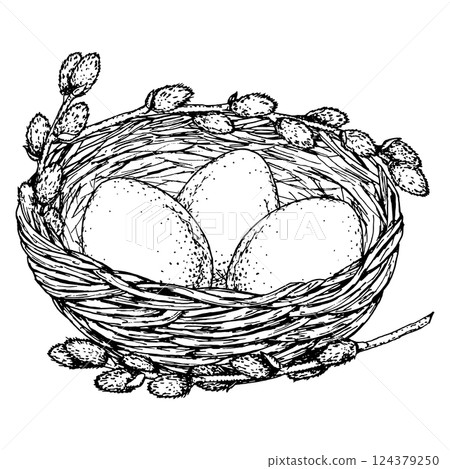 Hand drawn Easter nest with speckled eggs and willow branches. Black and white illustration for spring design, holiday cards, packaging, invitations, seasonal decor and religious celebrations. 124379250