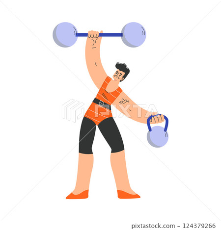 Circus Man Strongman Artist and Actor Character with Kettlebell Performing on Stage Vector Illustration Circus Man Strongman Artist and Actor Character with Kettlebell Performing on Stage Vector Illustration 124379266