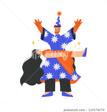 Circus Man Magician Artist and Actor Character with Levitating Woman Performing on Stage Vector Illustration Circus Man Magician Artist and Actor Character with Levitating Woman Performing on Stage Vector Illustration 124379270
