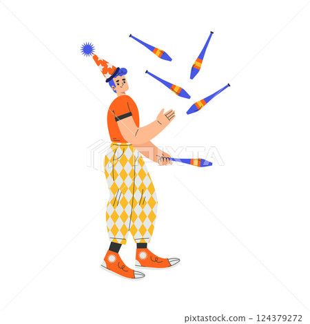 Circus Man Artist and Actor Character Juggling with Pins Performing on Stage Vector Illustration Circus Man Artist and Actor Character Juggling with Pins Performing on Stage Vector Illustration 124379272