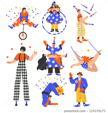 Circus Artist and Actor Man and Woman Character Performing on Stage Vector Set Circus Artist and Actor Man and Woman Character Performing on Stage Vector Set 124379275
